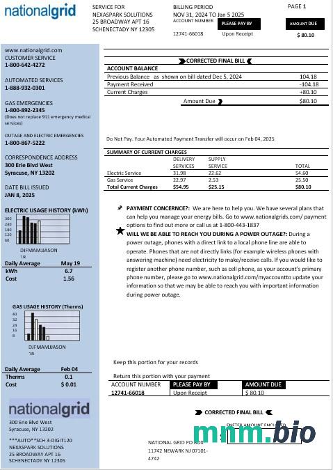 USA New York National Grid rachunek za usługi komunalne szablon w formacie Word i PDF